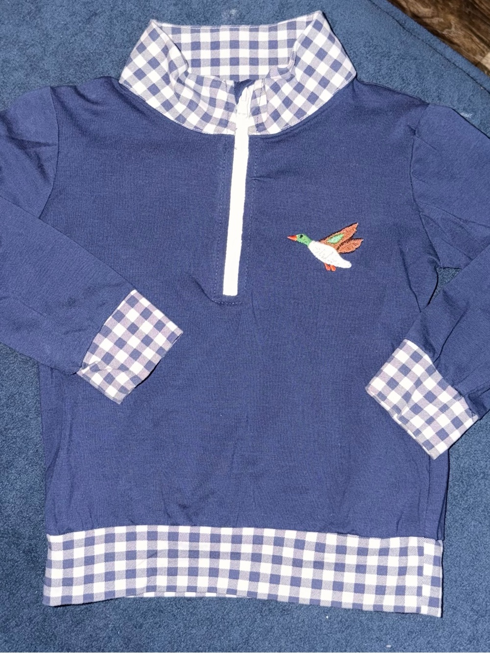 Boutique Navy Kids Quarter-Zip Pullover with Gingham Trim and Duck Motif